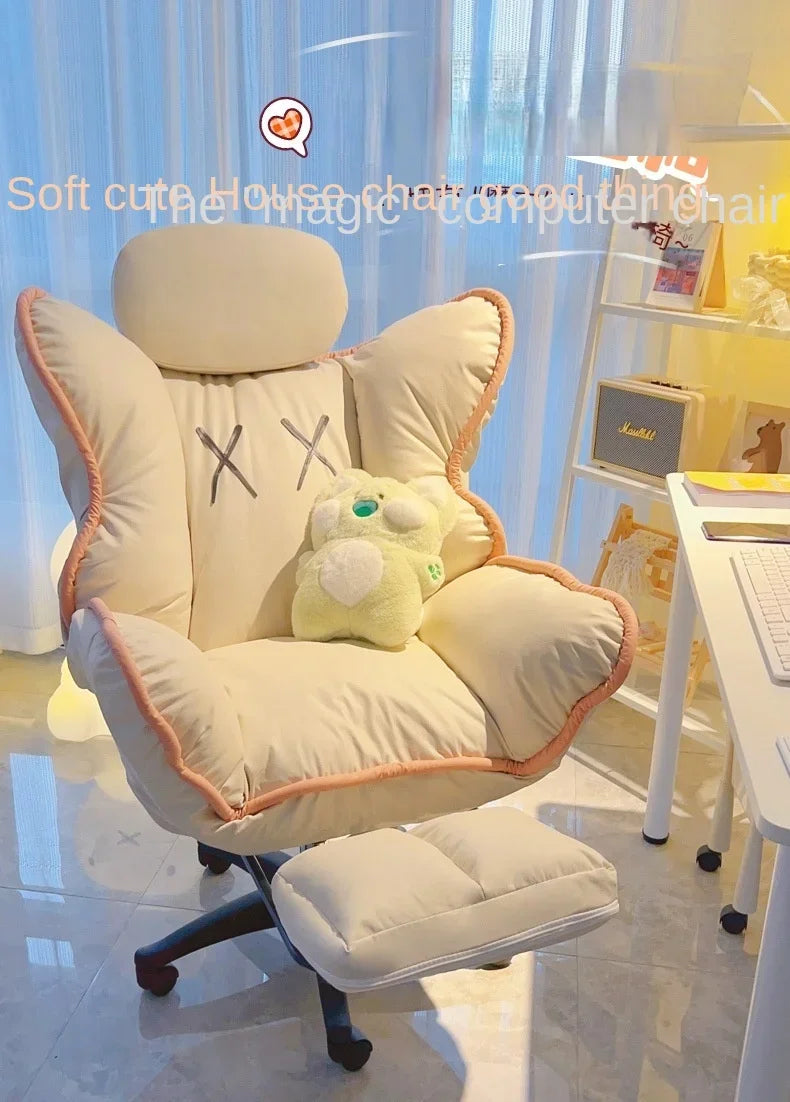 Bedroom Teen Girl Tech Fabric Computer Chair Thickened Reclining Swivel with Headrest and Footrest for Bedroom/Office/Hosting