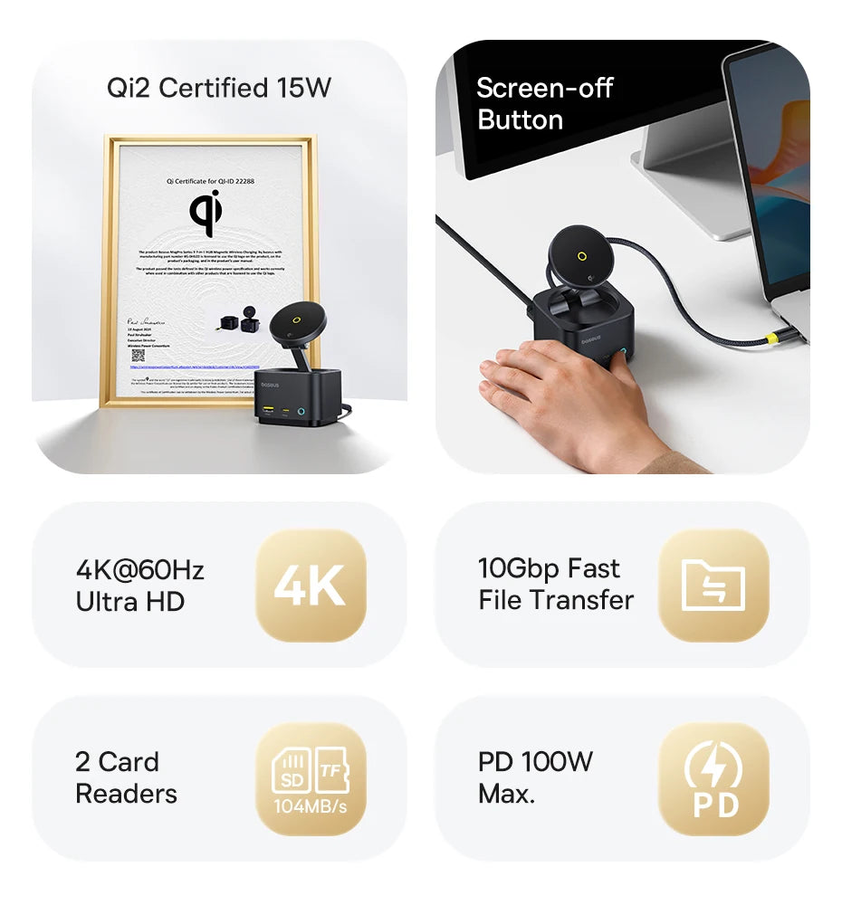 Baseus Magnetic Wireless Charger Qi2 15W for iPhone 17 Air 16 Pro Max MagSafe Fast PD HUB HDMI 4K60Hz USB3.2 SD TF Phone Charger