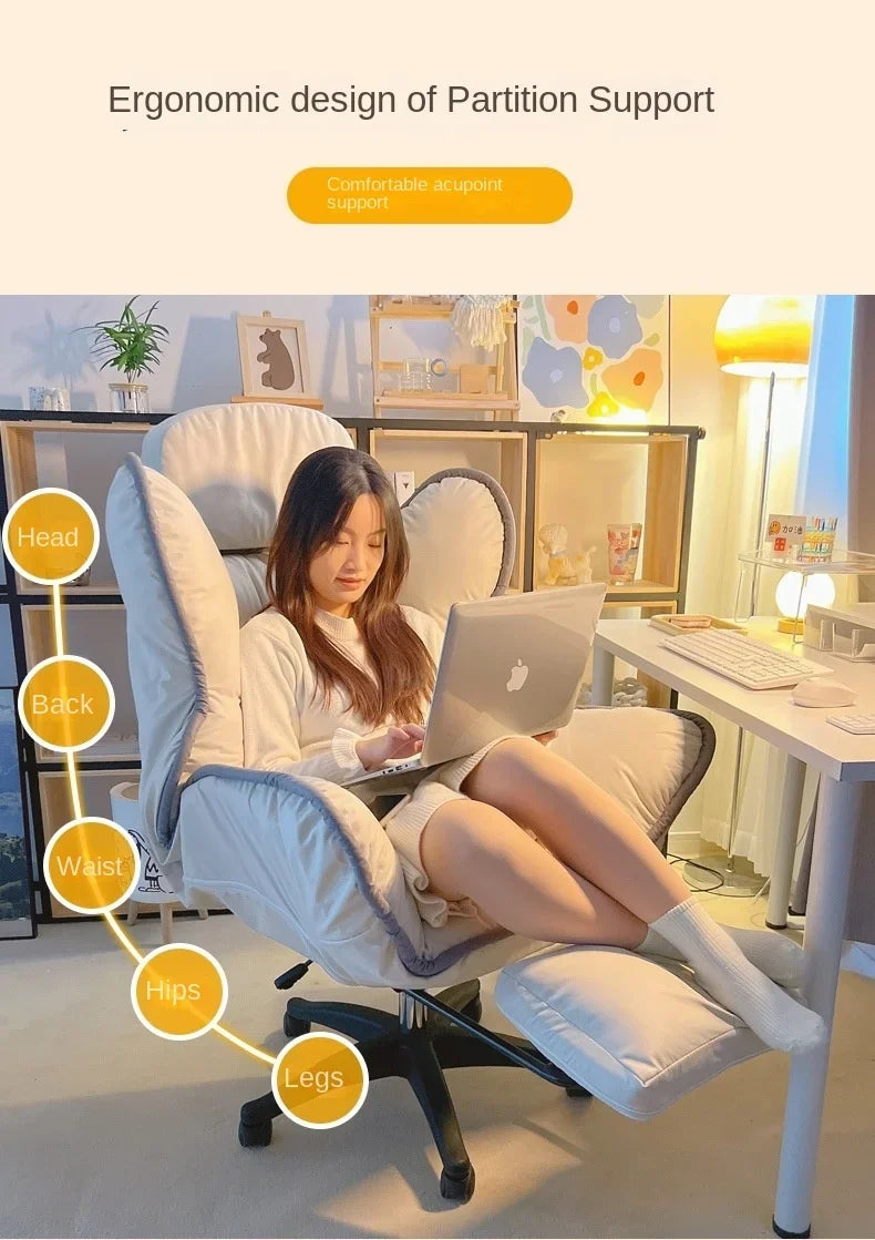 Bedroom Teen Girl Tech Fabric Computer Chair Thickened Reclining Swivel with Headrest and Footrest for Bedroom/Office/Hosting