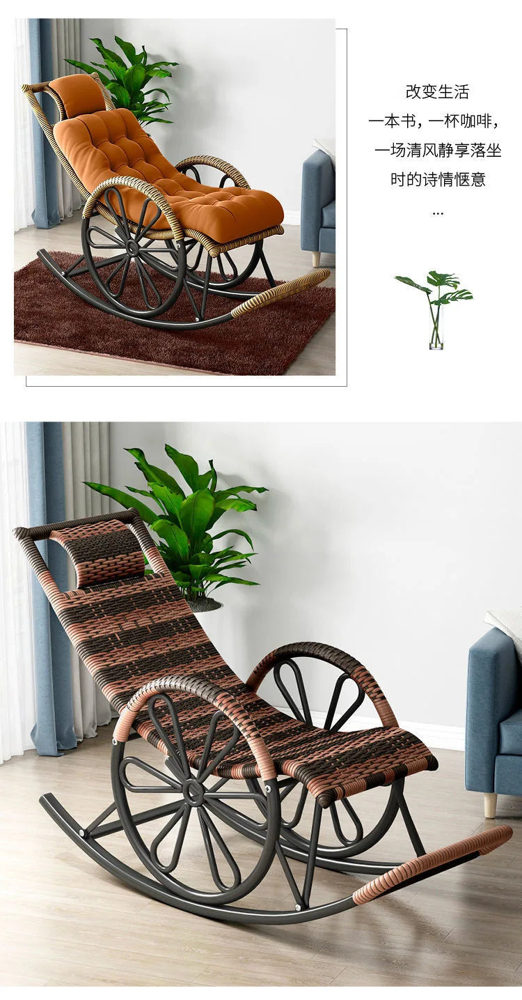 Outdoor PE Rattan Rocking Chair with Cushion and Floor Mat Ergonomic Wicker Recliner Lounge Chair for Patio Balcony Living Room
