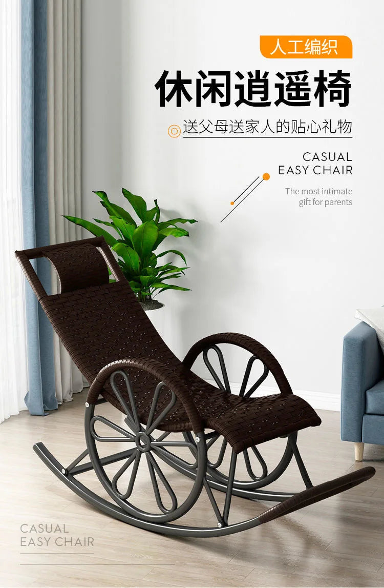 Outdoor PE Rattan Rocking Chair with Cushion and Floor Mat Ergonomic Wicker Recliner Lounge Chair for Patio Balcony Living Room