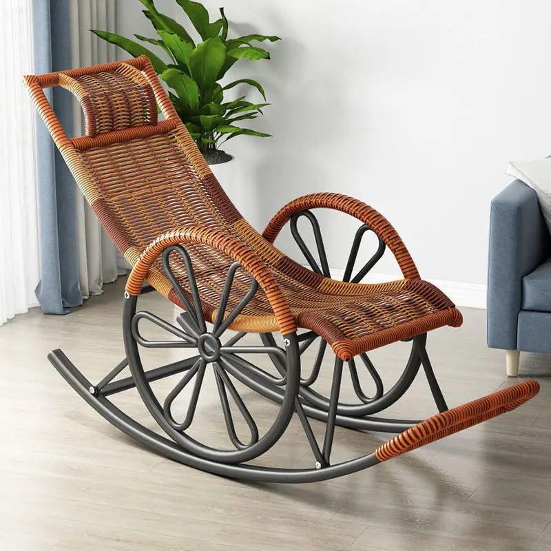 Outdoor PE Rattan Rocking Chair with Cushion and Floor Mat Ergonomic Wicker Recliner Lounge Chair for Patio Balcony Living Room