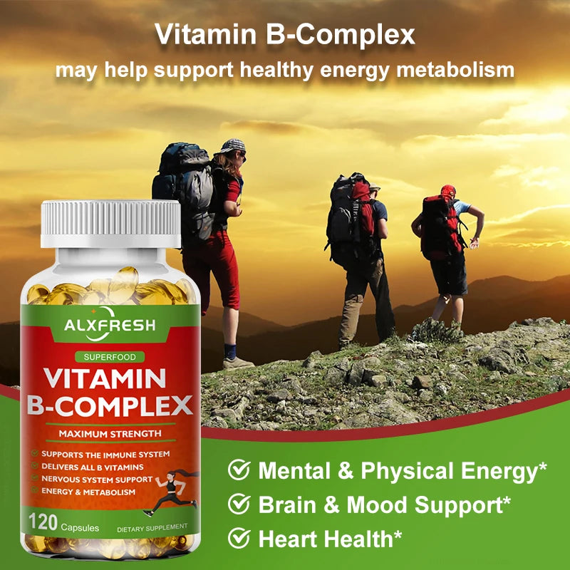 B-Complex Vitamin Supplements (B12 B1 B2 B3 B5 B6 B9 Folic Acid &Biotin) for Relieve Stress, Mood, Immune System Support Capsule