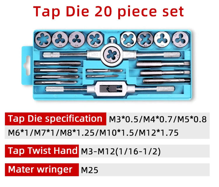 Multi-specification 8/12/20Pcs multifunction Metric Hand Tap and Die Set M3-M12 Screw Thread Plugs Straight Taper Reamer Tools