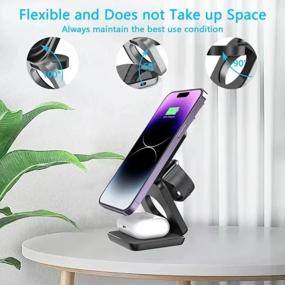 100W Foldable Magnetic Station 3 in 1 Fast Wireless Charger Stand For Magsafe iPhone 16 15 14 13 12 Pro Max iWatch 8 7 6 Airpods