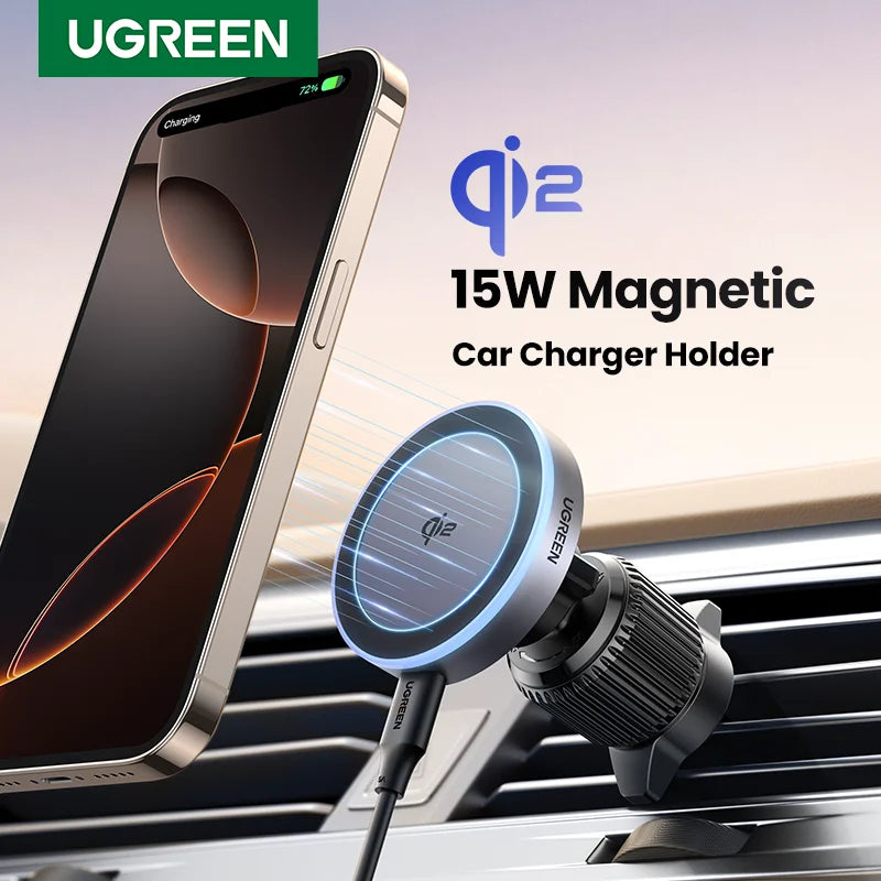 UGREEN Qi2 15W Magnetic Car Phone Holder Wireless Charger For iPhone 16 17 Pro Max Charging for Magsafe Car Charger LED Light