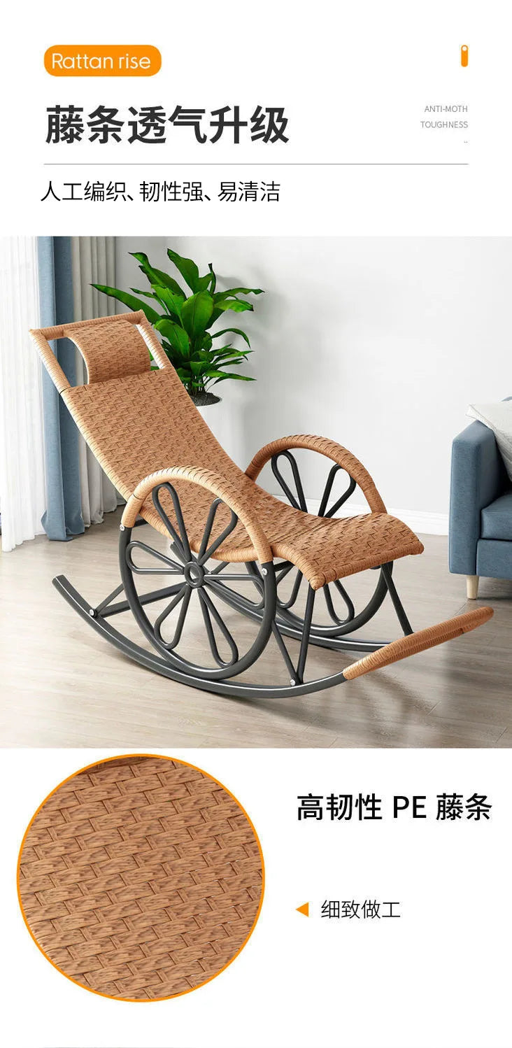 Outdoor PE Rattan Rocking Chair with Cushion and Floor Mat Ergonomic Wicker Recliner Lounge Chair for Patio Balcony Living Room