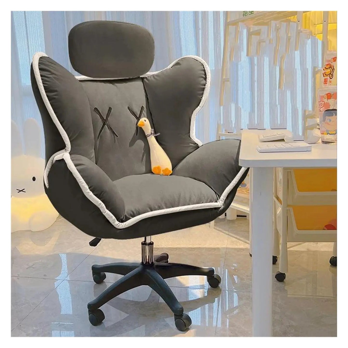 Bedroom Teen Girl Tech Fabric Computer Chair Thickened Reclining Swivel with Headrest and Footrest for Bedroom/Office/Hosting