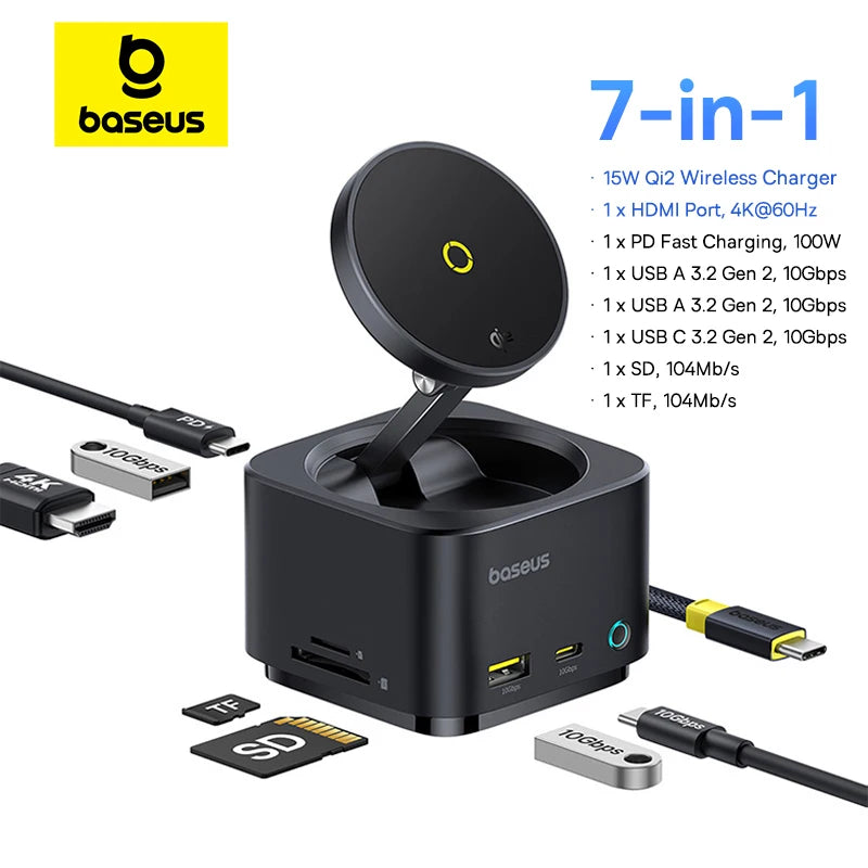 Baseus Magnetic Wireless Charger Qi2 15W for iPhone 17 Air 16 Pro Max MagSafe Fast PD HUB HDMI 4K60Hz USB3.2 SD TF Phone Charger