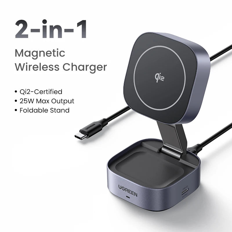 UGREEN Upgraded Qi2 25W Magnetic 2-in-1 Wireless Charger Stand Fast Charging Stand Magsafe Charger For iPhone 16 17/AirPods