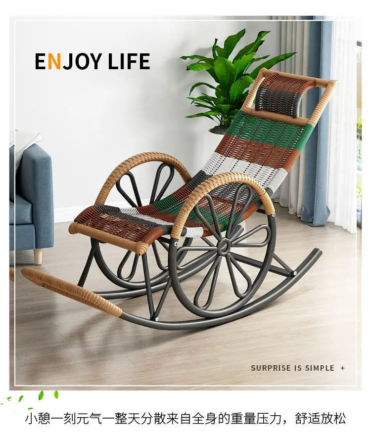 Outdoor PE Rattan Rocking Chair with Cushion and Floor Mat Ergonomic Wicker Recliner Lounge Chair for Patio Balcony Living Room