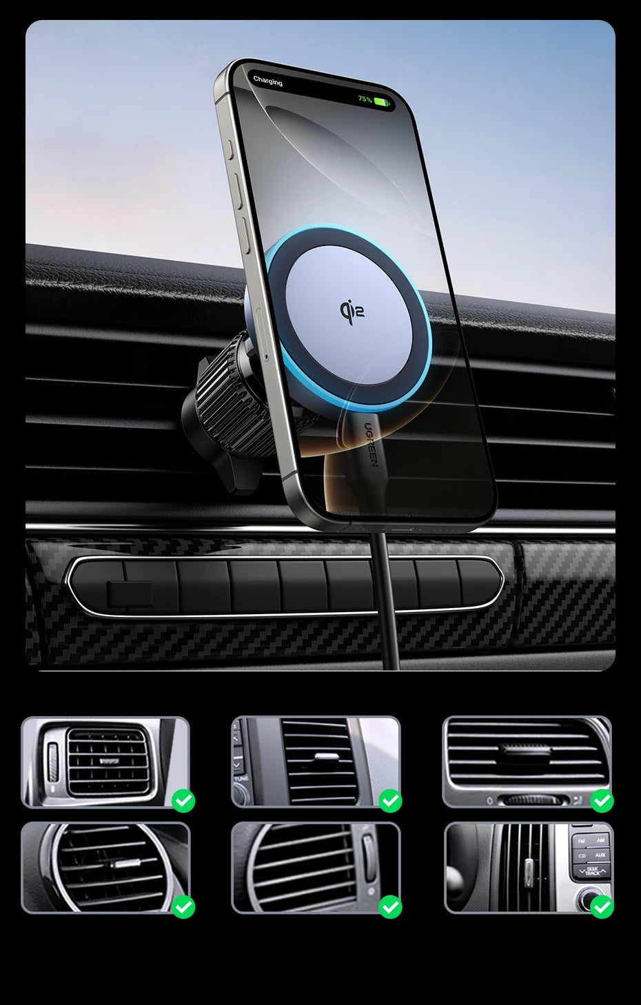 UGREEN Qi2 15W Magnetic Car Phone Holder Wireless Charger For iPhone 16 17 Pro Max Charging for Magsafe Car Charger LED Light