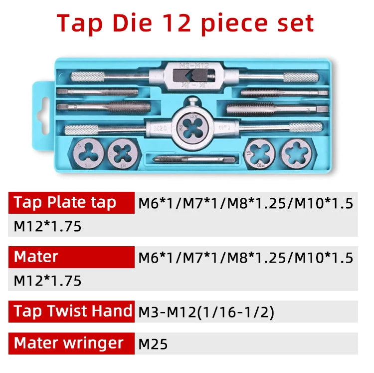 Multi-specification 8/12/20Pcs multifunction Metric Hand Tap and Die Set M3-M12 Screw Thread Plugs Straight Taper Reamer Tools