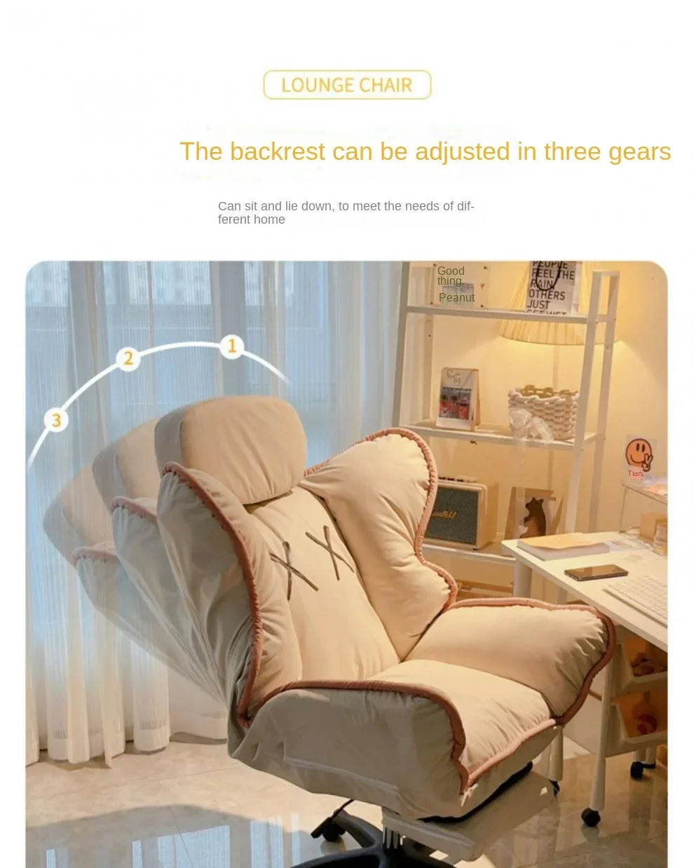 Bedroom Teen Girl Tech Fabric Computer Chair Thickened Reclining Swivel with Headrest and Footrest for Bedroom/Office/Hosting