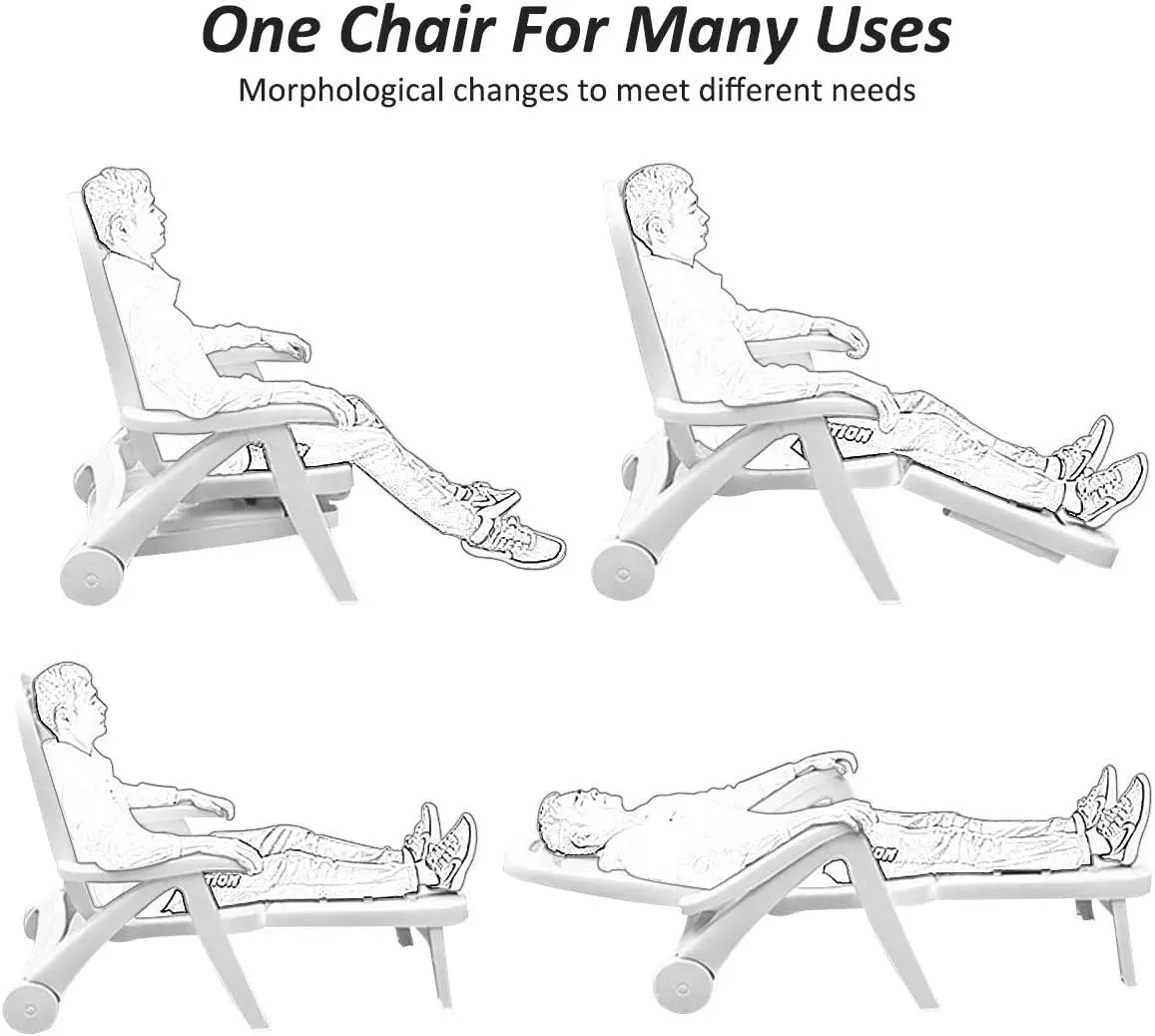 Folding Camping Lounge Chair, Portable Rolling Recliner, 5 Adjustable Positions, White