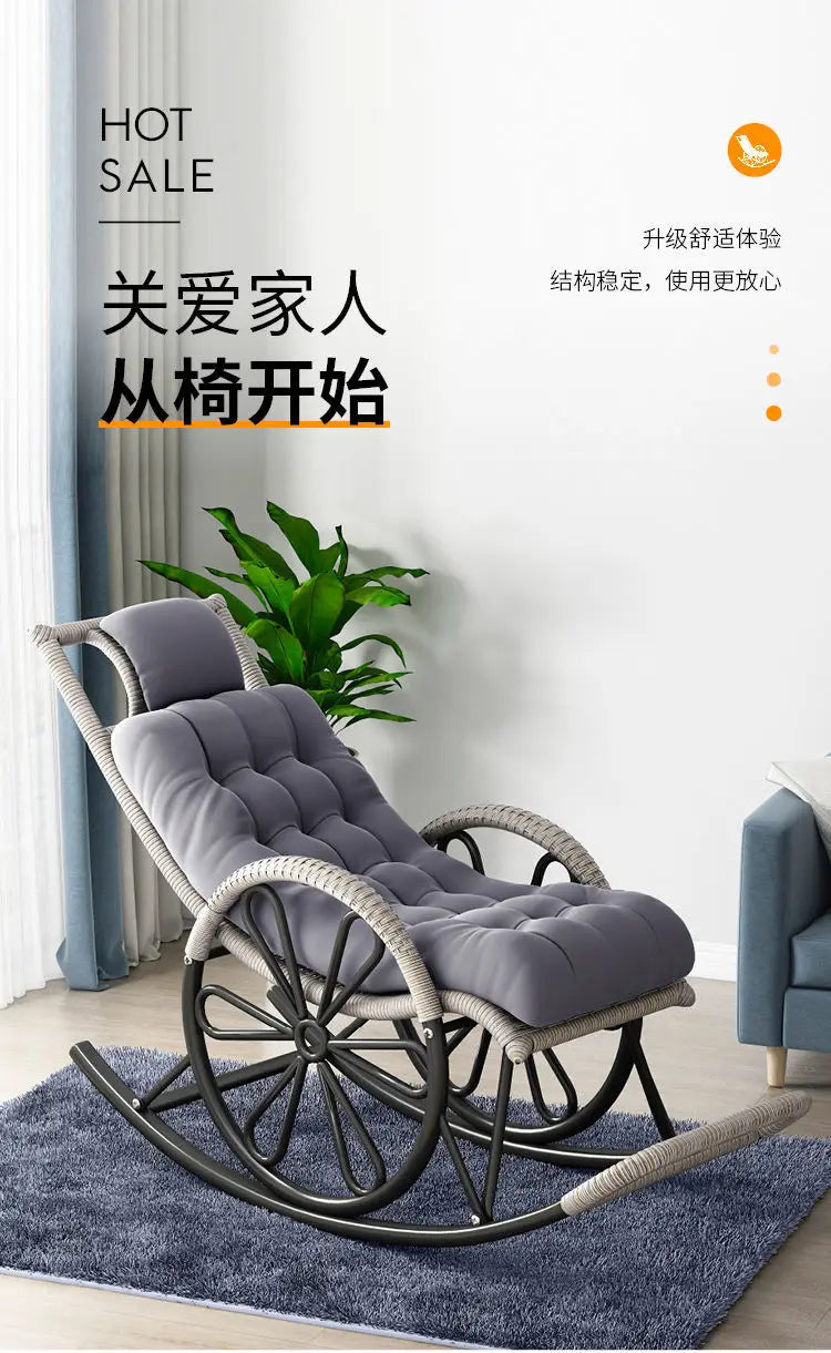 Outdoor PE Rattan Rocking Chair with Cushion and Floor Mat Ergonomic Wicker Recliner Lounge Chair for Patio Balcony Living Room