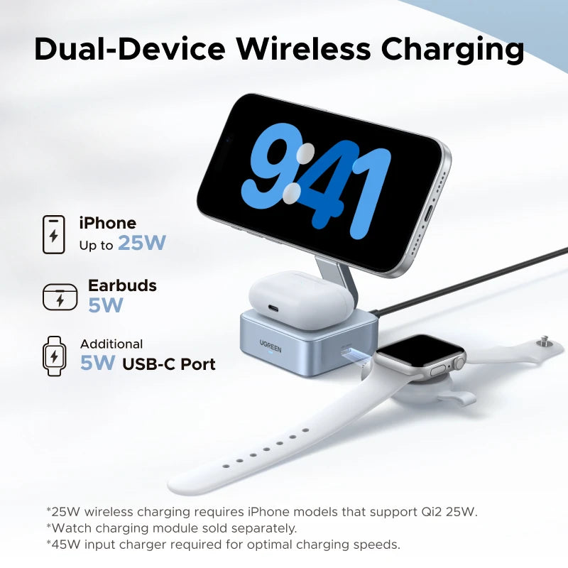 UGREEN Upgraded Qi2 25W Magnetic 2-in-1 Wireless Charger Stand Fast Charging Stand Magsafe Charger For iPhone 16 17/AirPods