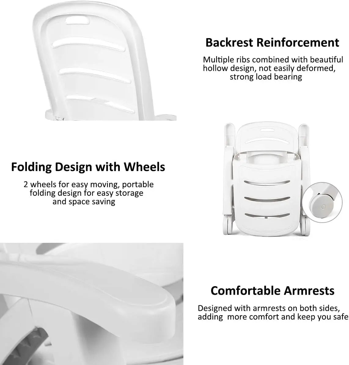 Folding Camping Lounge Chair, Portable Rolling Recliner, 5 Adjustable Positions, White