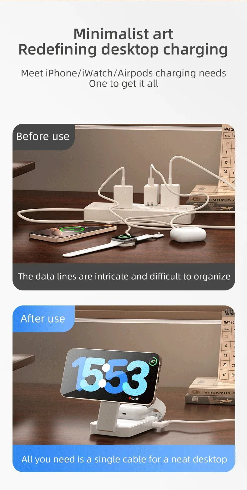 3 In 1 Magnetic Wireless Charger QI2 Folding Wireless Charging Station for Magsafe iPhone 16 15 14 13 iWatch 9 8 7 AirPods Pro