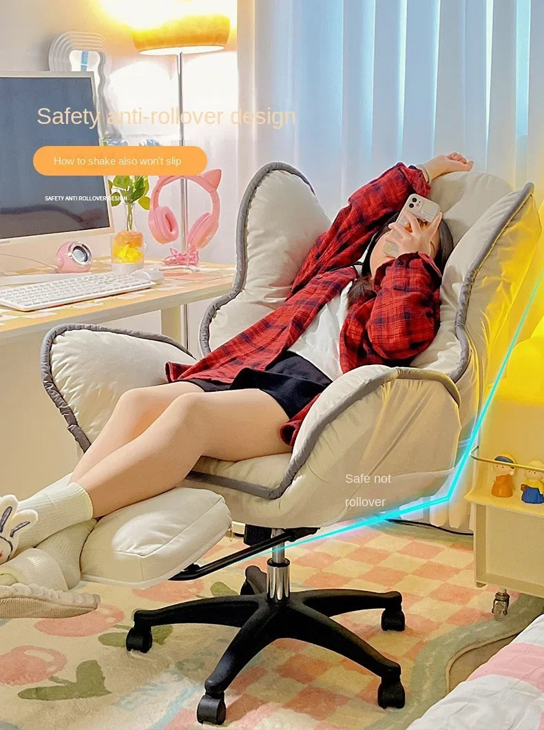 Bedroom Teen Girl Tech Fabric Computer Chair Thickened Reclining Swivel with Headrest and Footrest for Bedroom/Office/Hosting