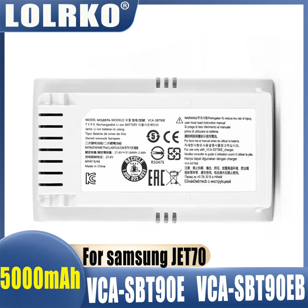 New Battery 21.6V 5000mAh for samsung jet 70 VS15T7032P4 VCA-SBT90E Vacuum Cleaner Batteries
