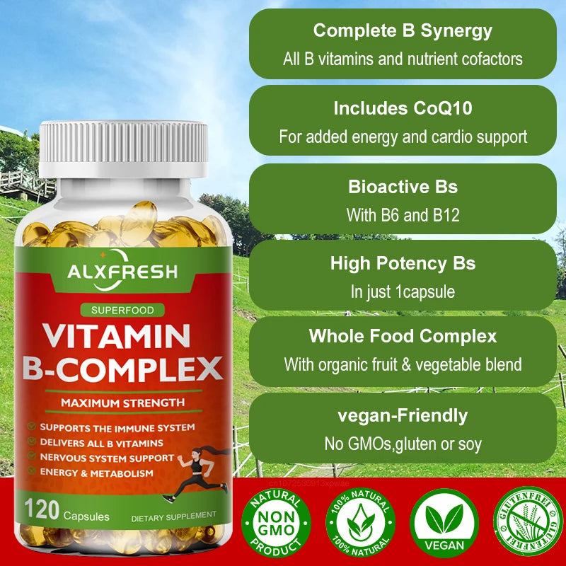 B-Complex Vitamin Supplements (B12 B1 B2 B3 B5 B6 B9 Folic Acid &Biotin) for Relieve Stress, Mood, Immune System Support Capsule