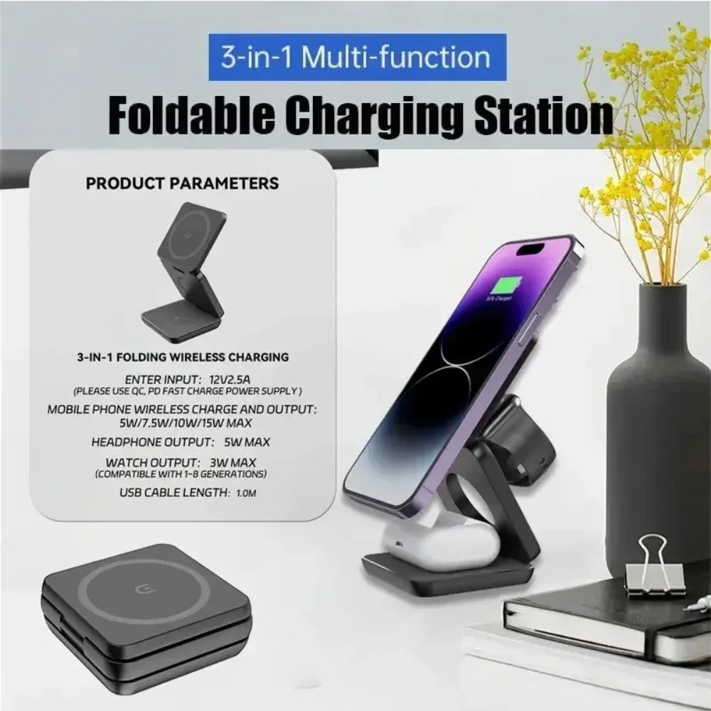 100W Foldable Magnetic Station 3 in 1 Fast Wireless Charger Stand For Magsafe iPhone 16 15 14 13 12 Pro Max iWatch 8 7 6 Airpods