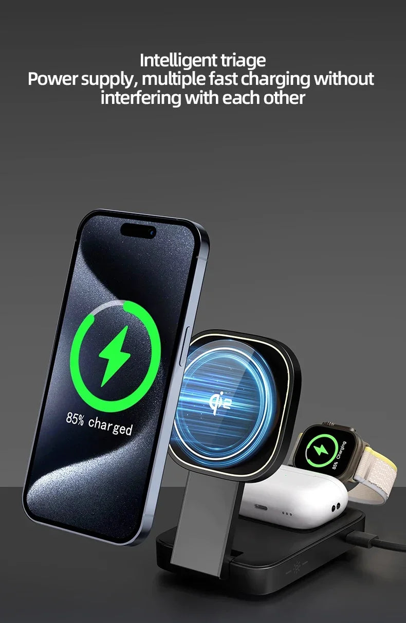 3 In 1 Magnetic Wireless Charger QI2 Folding Wireless Charging Station for Magsafe iPhone 16 15 14 13 iWatch 9 8 7 AirPods Pro