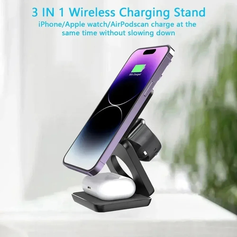 100W Foldable Magnetic Station 3 in 1 Fast Wireless Charger Stand For Magsafe iPhone 16 15 14 13 12 Pro Max iWatch 8 7 6 Airpods