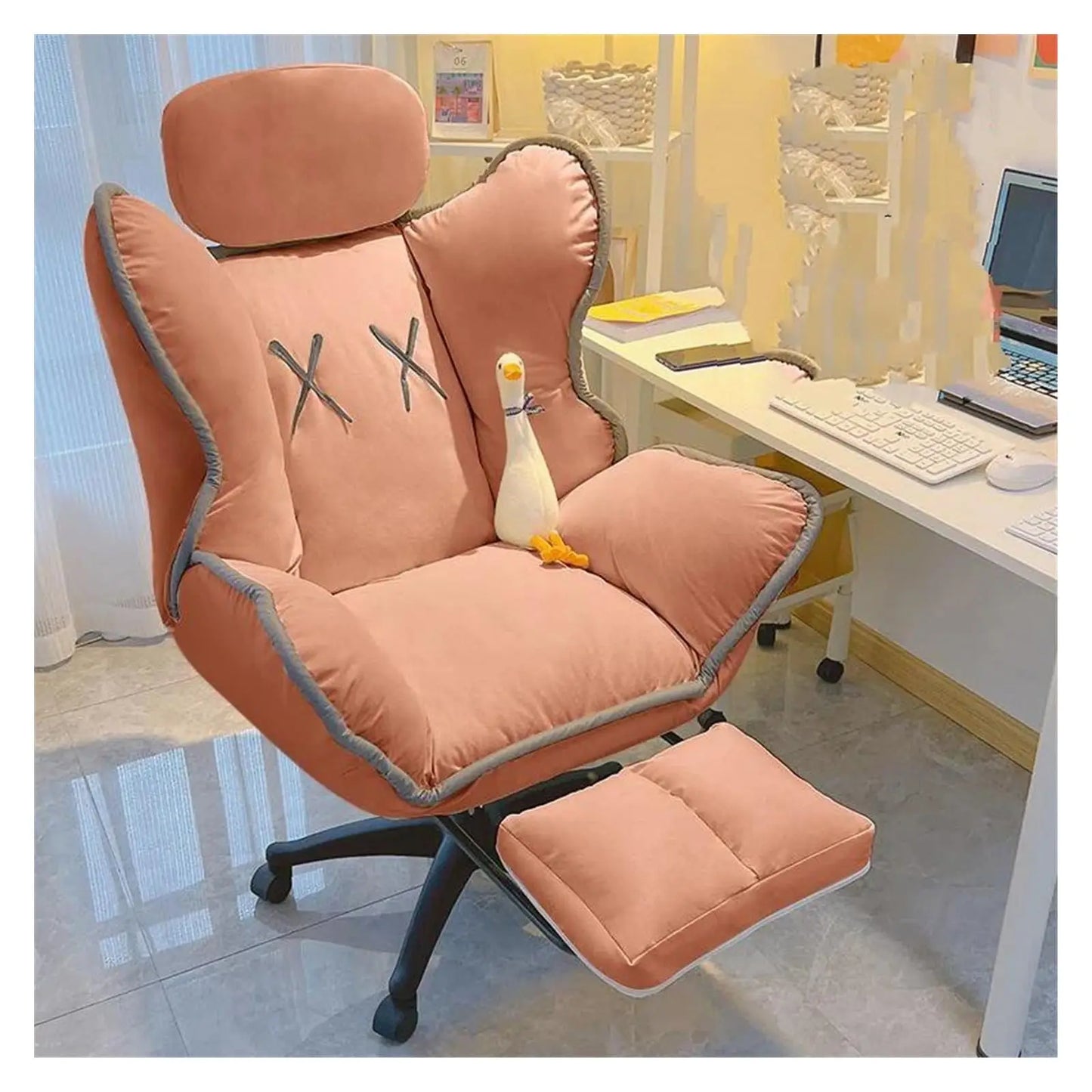 Bedroom Teen Girl Tech Fabric Computer Chair Thickened Reclining Swivel with Headrest and Footrest for Bedroom/Office/Hosting