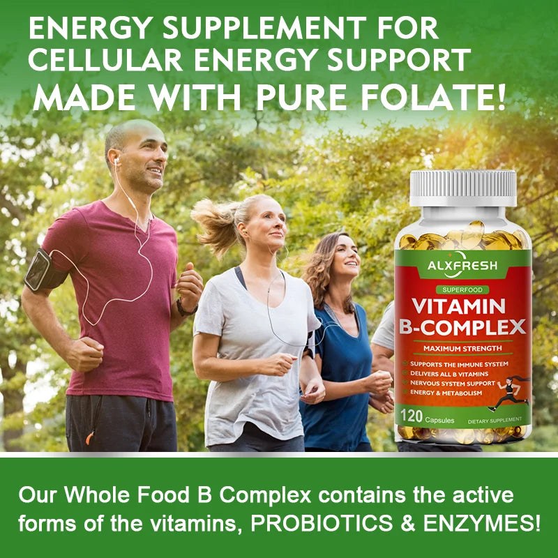 B-Complex Vitamin Supplements (B12 B1 B2 B3 B5 B6 B9 Folic Acid &Biotin) for Relieve Stress, Mood, Immune System Support Capsule