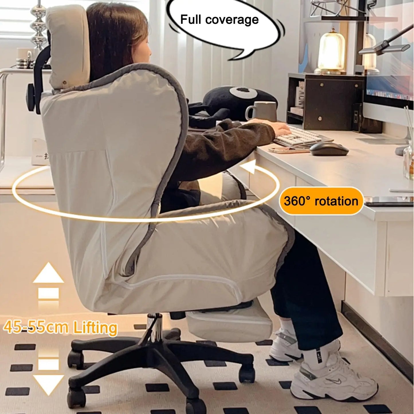 Bedroom Teen Girl Tech Fabric Computer Chair Thickened Reclining Swivel with Headrest and Footrest for Bedroom/Office/Hosting