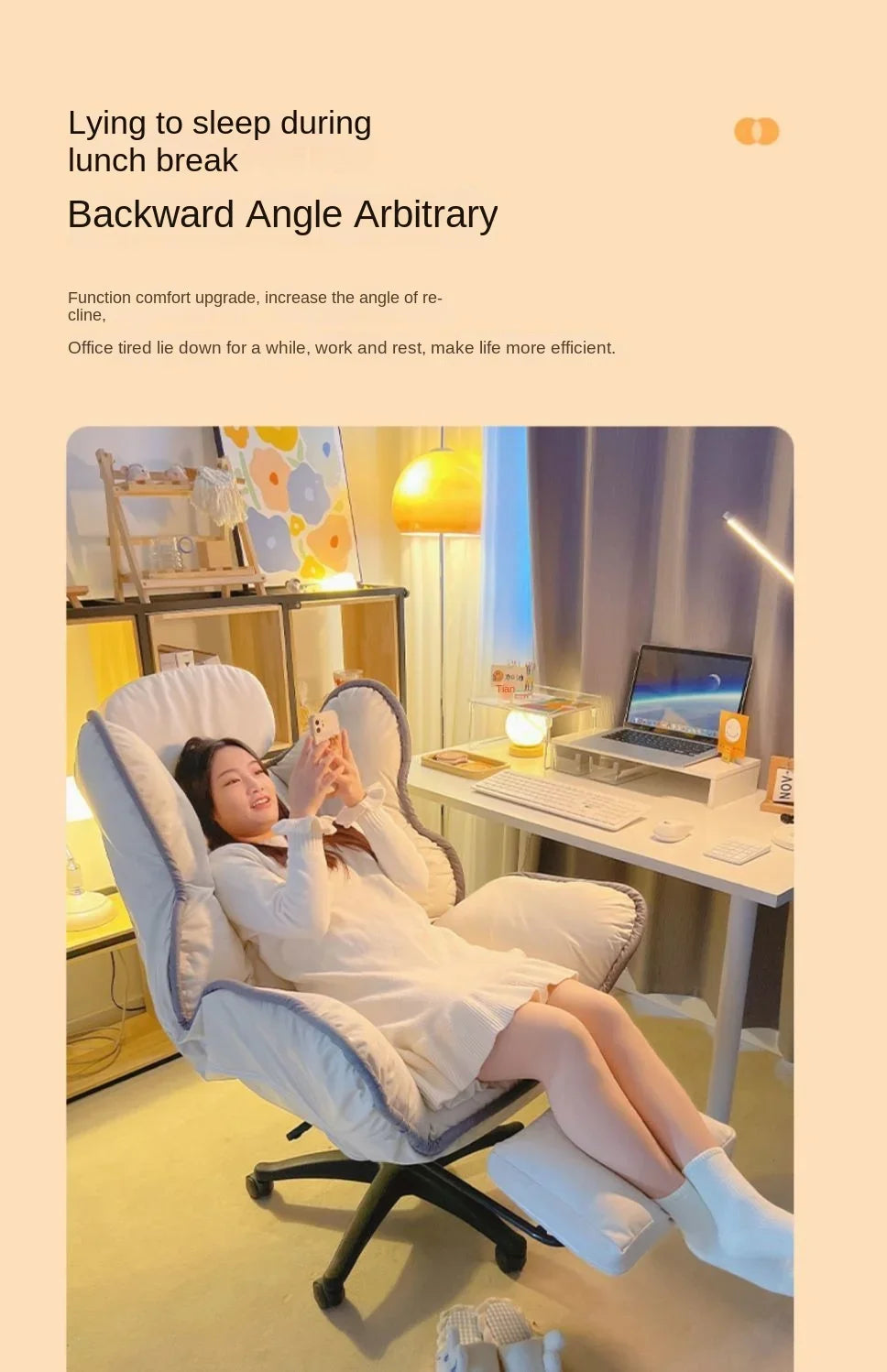 Bedroom Teen Girl Tech Fabric Computer Chair Thickened Reclining Swivel with Headrest and Footrest for Bedroom/Office/Hosting