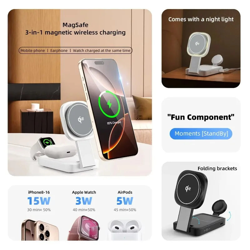 3 In 1 Magnetic Wireless Charger QI2 Folding Wireless Charging Station for Magsafe iPhone 16 15 14 13 iWatch 9 8 7 AirPods Pro