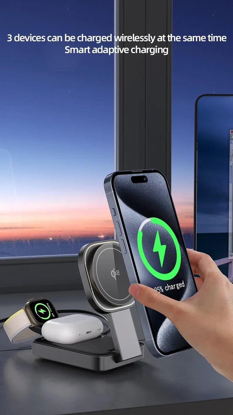 3 In 1 Magnetic Wireless Charger QI2 Folding Wireless Charging Station for Magsafe iPhone 16 15 14 13 iWatch 9 8 7 AirPods Pro