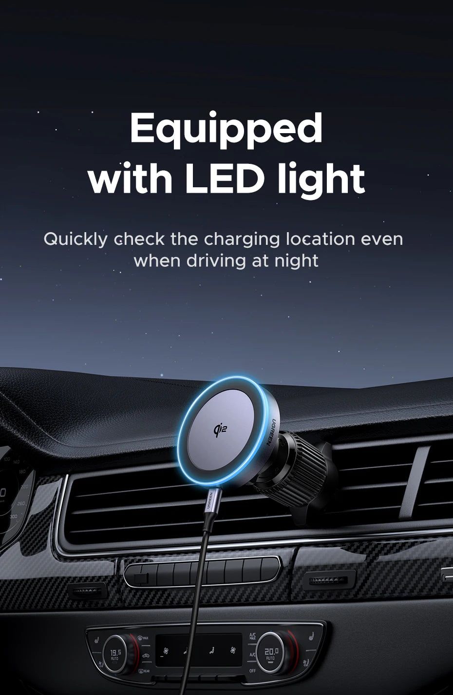 UGREEN Qi2 15W Magnetic Car Phone Holder Wireless Charger For iPhone 16 17 Pro Max Charging for Magsafe Car Charger LED Light