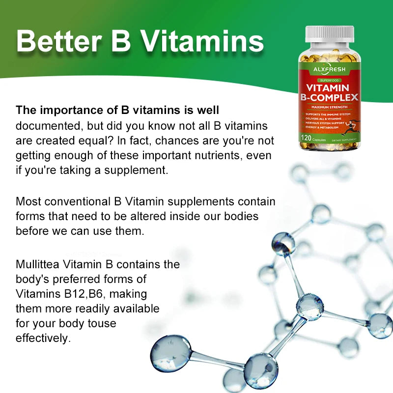 B-Complex Vitamin Supplements (B12 B1 B2 B3 B5 B6 B9 Folic Acid &Biotin) for Relieve Stress, Mood, Immune System Support Capsule