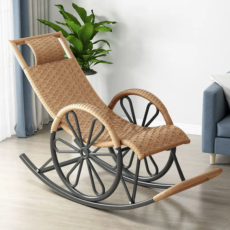 Outdoor PE Rattan Rocking Chair with Cushion and Floor Mat Ergonomic Wicker Recliner Lounge Chair for Patio Balcony Living Room