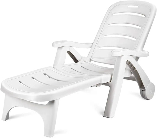 Folding Camping Lounge Chair, Portable Rolling Recliner, 5 Adjustable Positions, White