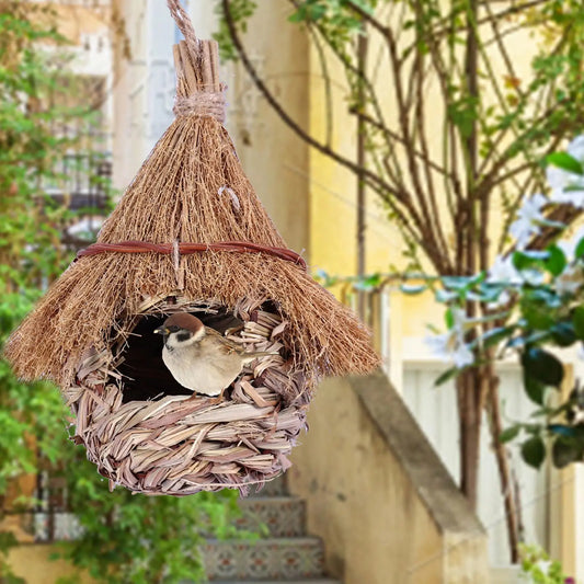 Wren Finch Bird House Hand Woven Bird House Grass Birds Hut Bird House for Outside Indoor Lawn Patio Home