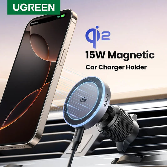 UGREEN Qi2 15W Magnetic Car Phone Holder Wireless Charger For iPhone 16 17 Pro Max Charging for Magsafe Car Charger LED Light