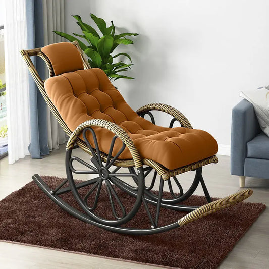 Outdoor PE Rattan Rocking Chair with Cushion and Floor Mat Ergonomic Wicker Recliner Lounge Chair for Patio Balcony Living Room