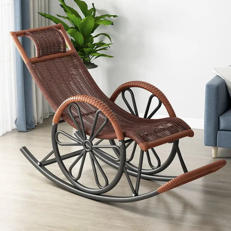 Outdoor PE Rattan Rocking Chair with Cushion and Floor Mat Ergonomic Wicker Recliner Lounge Chair for Patio Balcony Living Room